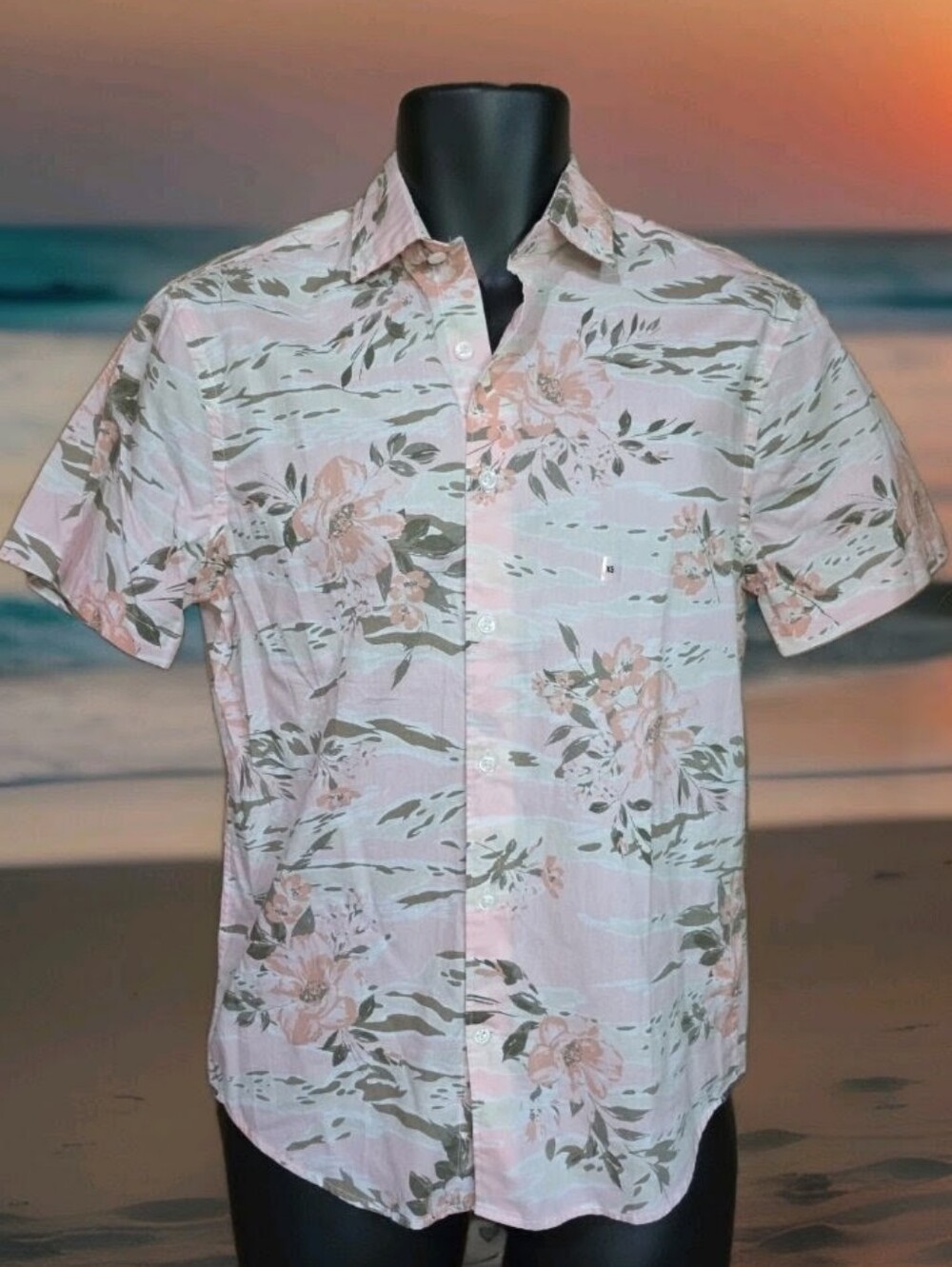 Express Mens XS Hawaiian Shirt Pink Green Floral Slim Soft Wash New with Tags